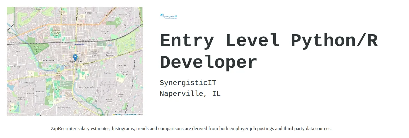 SynergisticIT job posting for a Entry Level Python/R Developer in Naperville, IL with a salary of $63,400 to $105,900 Annually with a map of Naperville location.
