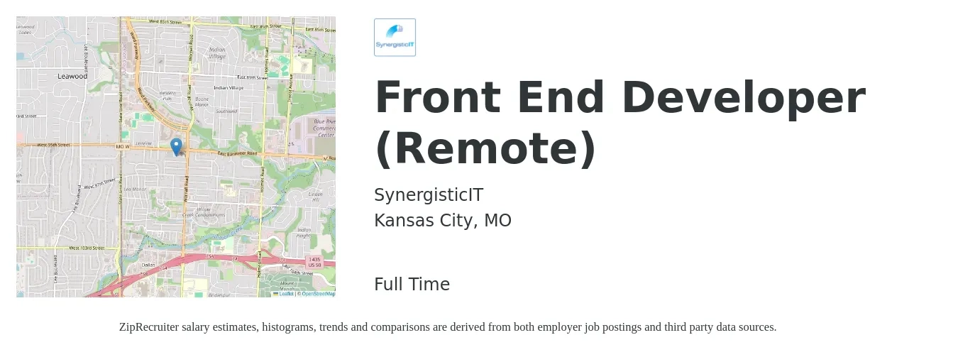SynergisticIT job posting for a Front End Developer (Remote) in Kansas City, MO with a salary of $101,500 to $118,100 Yearly with a map of Kansas City location.
