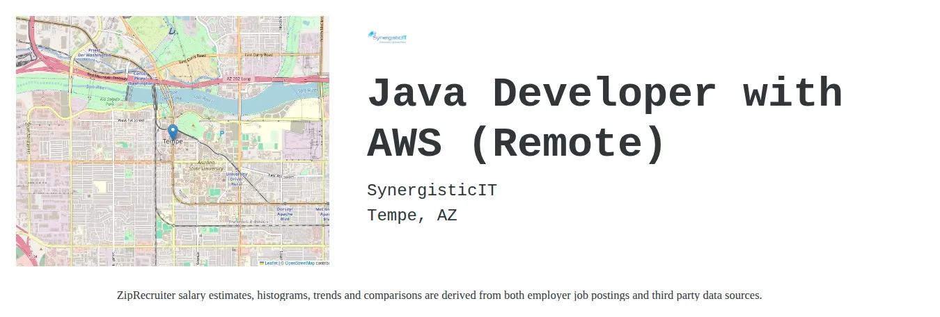 SynergisticIT job posting for a Java Developer with AWS (Remote) in Tempe, AZ with a salary of $50 to $64 Hourly with a map of Tempe location.