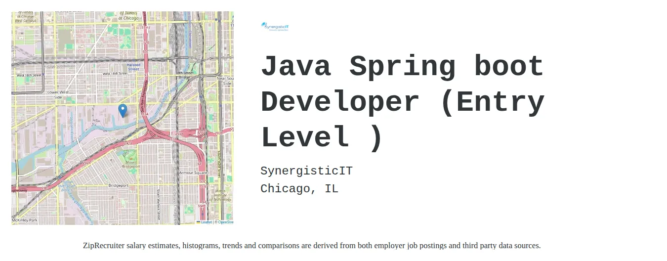 SynergisticIT job posting for a Java Spring boot Developer (Entry Level ) in Chicago, IL with a salary of $65,000 to $105,700 Annually with a map of Chicago location.