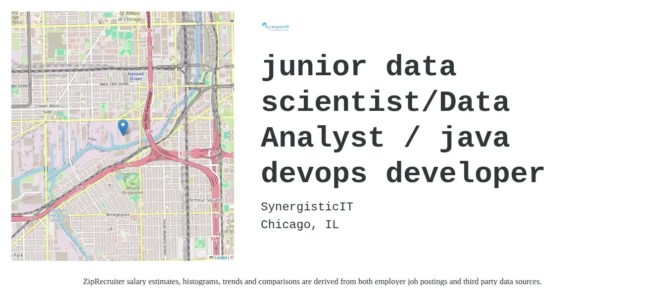 SynergisticIT job posting for a Junior data scientist/Data Analyst / java devops developer in Chicago, IL with a salary of $58,800 to $84,000 Annually with a map of Chicago location.