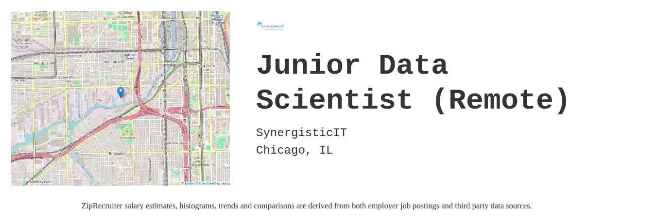 SynergisticIT job posting for a Junior Data Scientist (Remote) in Chicago, IL with a salary of $101,500 to $140,100 Annually with a map of Chicago location.