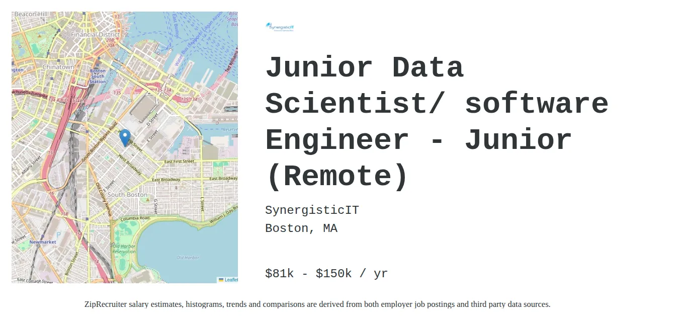 SynergisticIT job posting for a Junior Data Scientist/ software Engineer - Junior (Remote) in Boston, MA with a salary of $81,000 to $150,000 Annually with a map of Boston location.