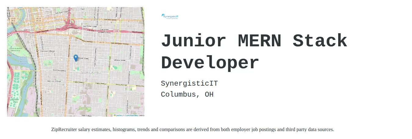SynergisticIT job posting for a Junior MERN Stack Developer in Columbus, OH with a salary of $64,700 to $84,000 Annually with a map of Columbus location.
