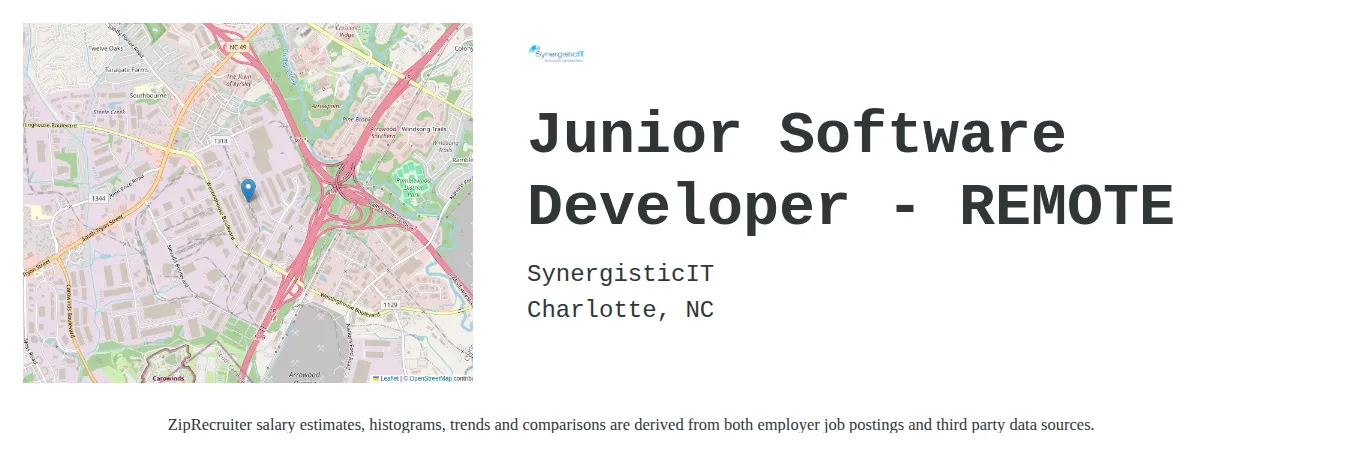 SynergisticIT job posting for a Junior Software Developer - REMOTE in Charlotte, NC with a salary of $65,400 to $85,000 Annually with a map of Charlotte location.
