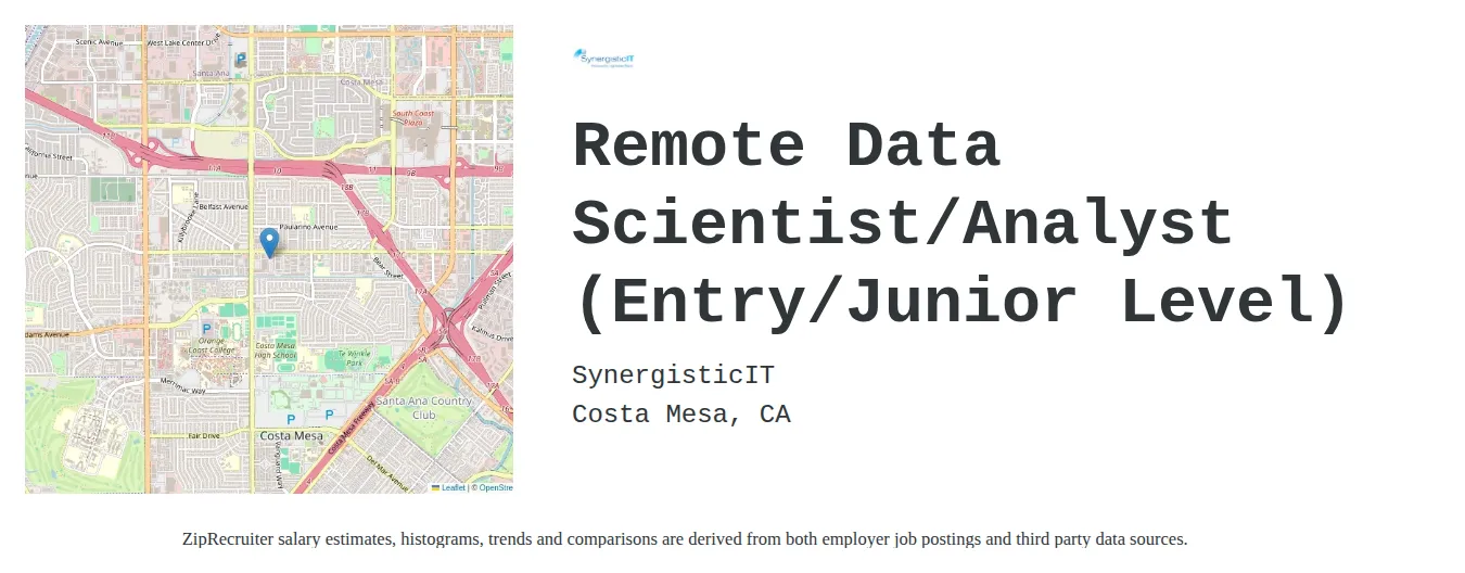 SynergisticIT job posting for a Remote Data Scientist/Analyst (Entry/Junior Level) in Costa Mesa, CA with a salary of $61,000 to $87,200 Annually with a map of Costa Mesa location.