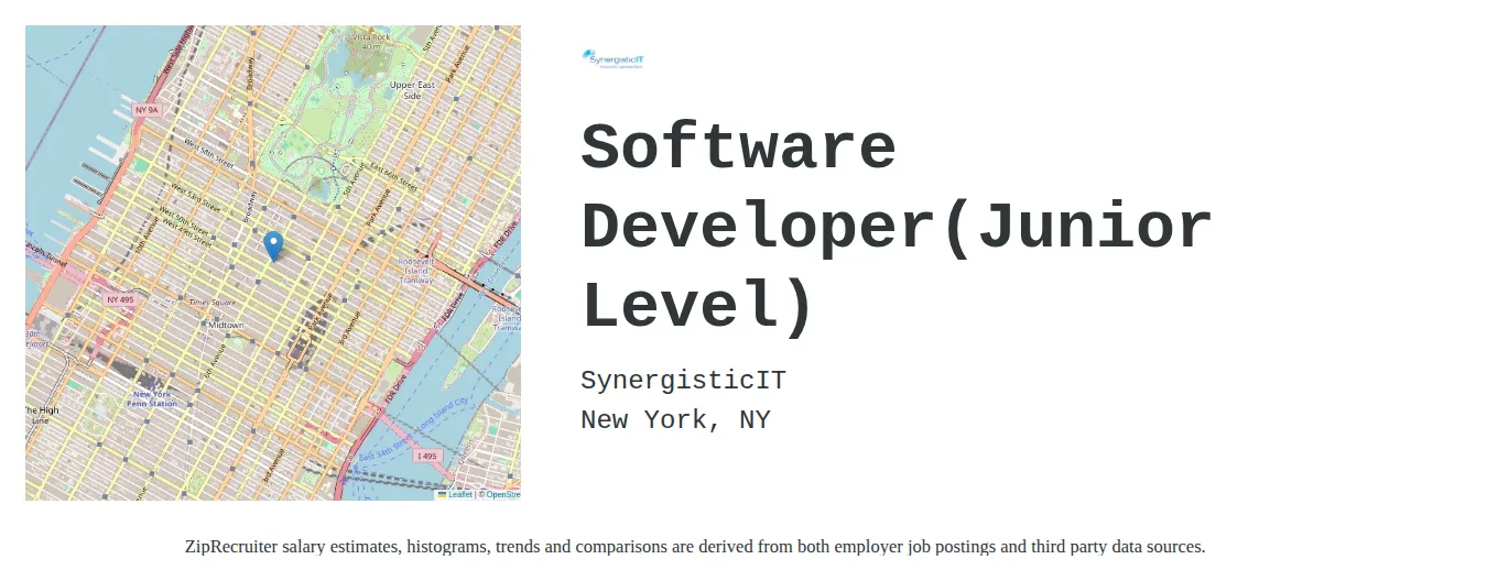 SynergisticIT job posting for a Software Developer - Junior Level(Remote) in New York, NY with a salary of $73,300 to $95,200 Annually with a map of New York location.