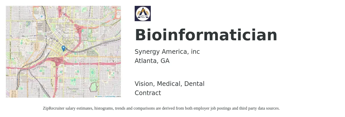 Synergy America, inc job posting for a Bioinformatician in Atlanta, GA with a salary of $77,900 to $105,300 Yearly and benefits including dental, life_insurance, medical, pto, and vision with a map of Atlanta location.