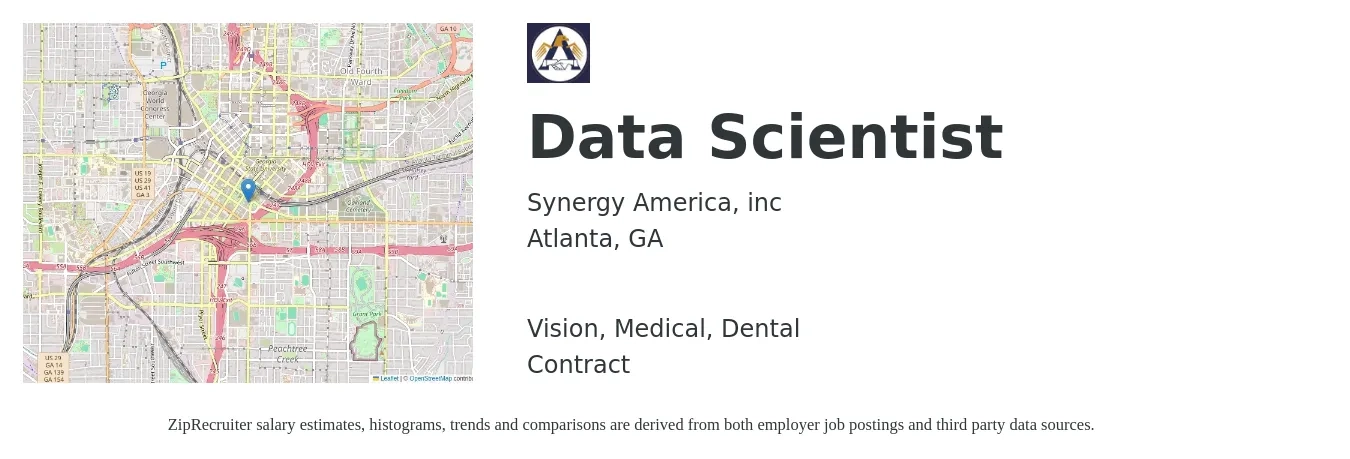 Synergy America, inc job posting for a Data Scientist in Atlanta, GA with a salary of $94,700 to $130,800 Yearly and benefits including dental, life_insurance, medical, pto, and vision with a map of Atlanta location.