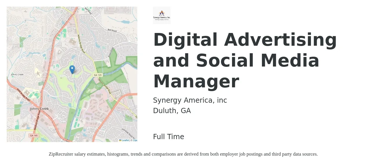 Synergy America, Inc. job posting for a Digital Advertising and Social Media Manager in Duluth, GA with a salary of $63,100 to $92,100 Yearly with a map of Duluth location.
