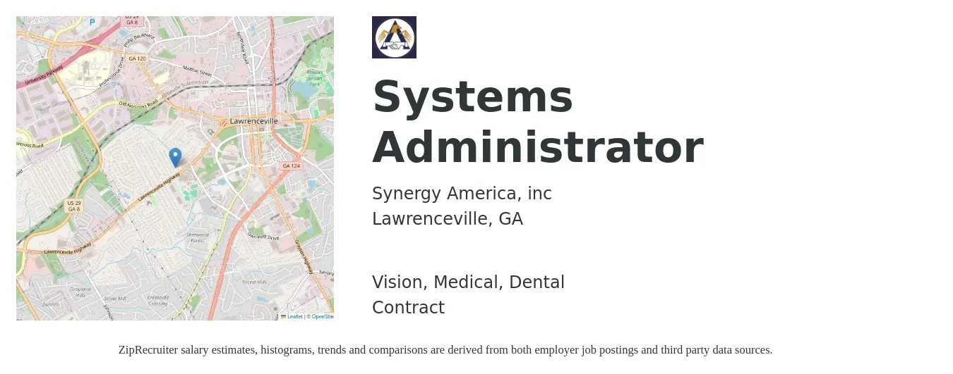 Synergy America, inc job posting for a Systems Administrator in Lawrenceville, GA with a salary of $64,100 to $95,300 Yearly and benefits including vision, dental, life_insurance, medical, and pto with a map of Lawrenceville location.
