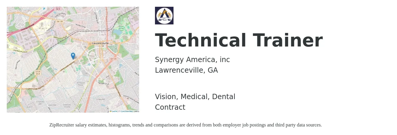 Synergy America, inc job posting for a Technical Trainer in Lawrenceville, GA with a salary of $30 to $40 Hourly and benefits including vision, dental, life_insurance, medical, and pto with a map of Lawrenceville location.