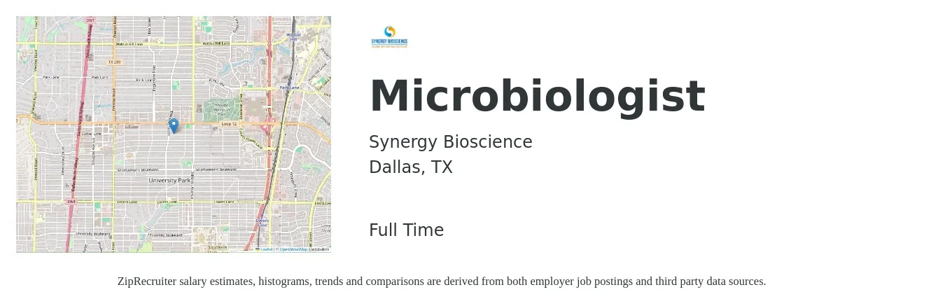 Synergy Bioscience job posting for a Microbiologist in Dallas, TX with a salary of $50,900 to $82,100 Yearly with a map of Dallas location.