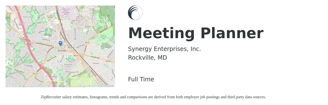 Synergy Enterprises, Inc. job posting for a Meeting Planner in Rockville, MD with a salary of $55,000 to $75,400 Yearly with a map of Rockville location.
