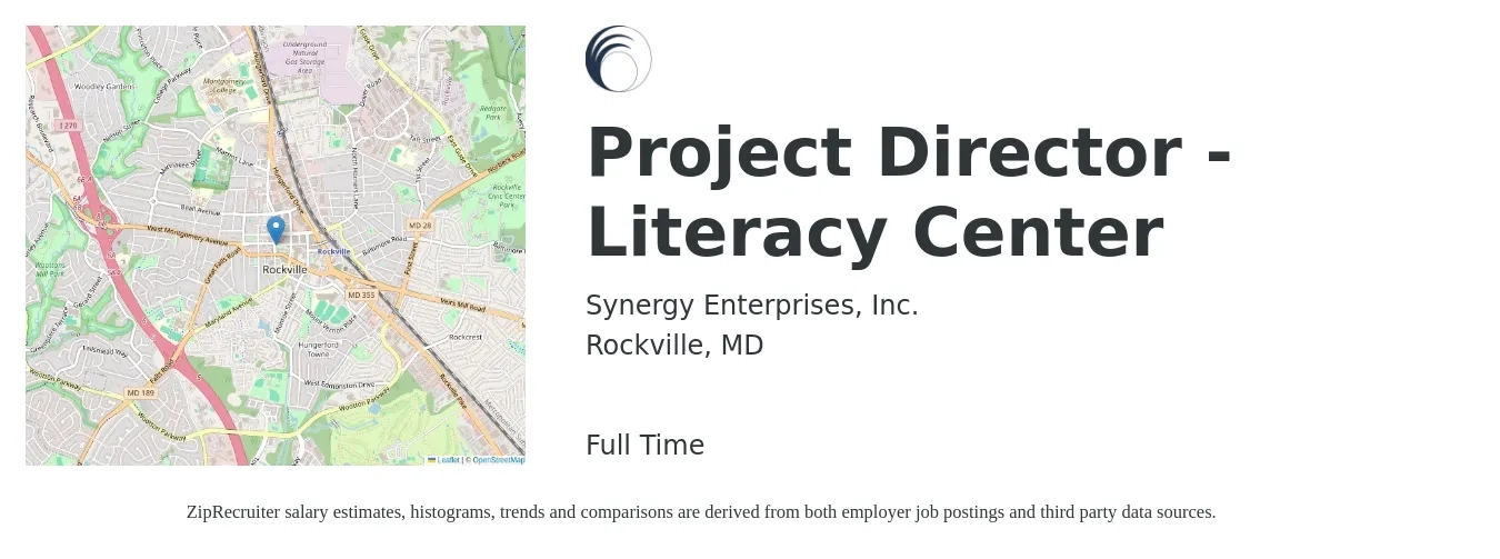 Synergy Enterprises, Inc. job posting for a Project Director - Literacy Center in Rockville, MD with a salary of $75,400 to $147,300 Yearly with a map of Rockville location.
