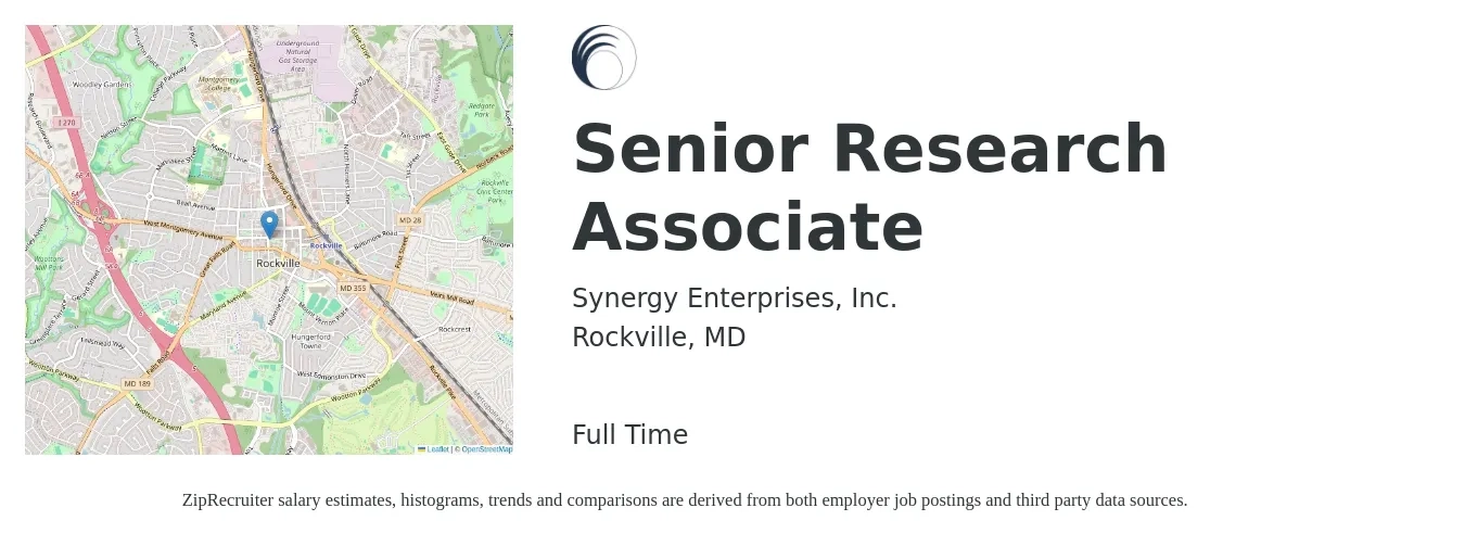 Synergy Enterprises, Inc. job posting for a Senior Research Associate in Rockville, MD with a salary of $40 to $54 Hourly with a map of Rockville location.