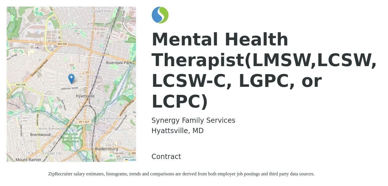 Synergy Family Services job posting for a Mental Health Therapist(LMSW,LCSW, LCSW-C, LGPC, or LCPC) in Hyattsville, MD with a salary of $60,100 to $85,200 Yearly with a map of Hyattsville location.