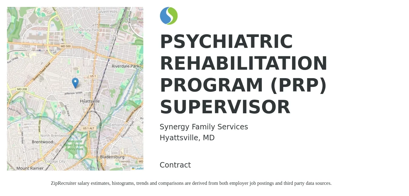 Synergy Family Services job posting for a PSYCHIATRIC REHABILITATION PROGRAM (PRP) SUPERVISOR in Hyattsville, MD with a salary of $45 Hourly with a map of Hyattsville location.