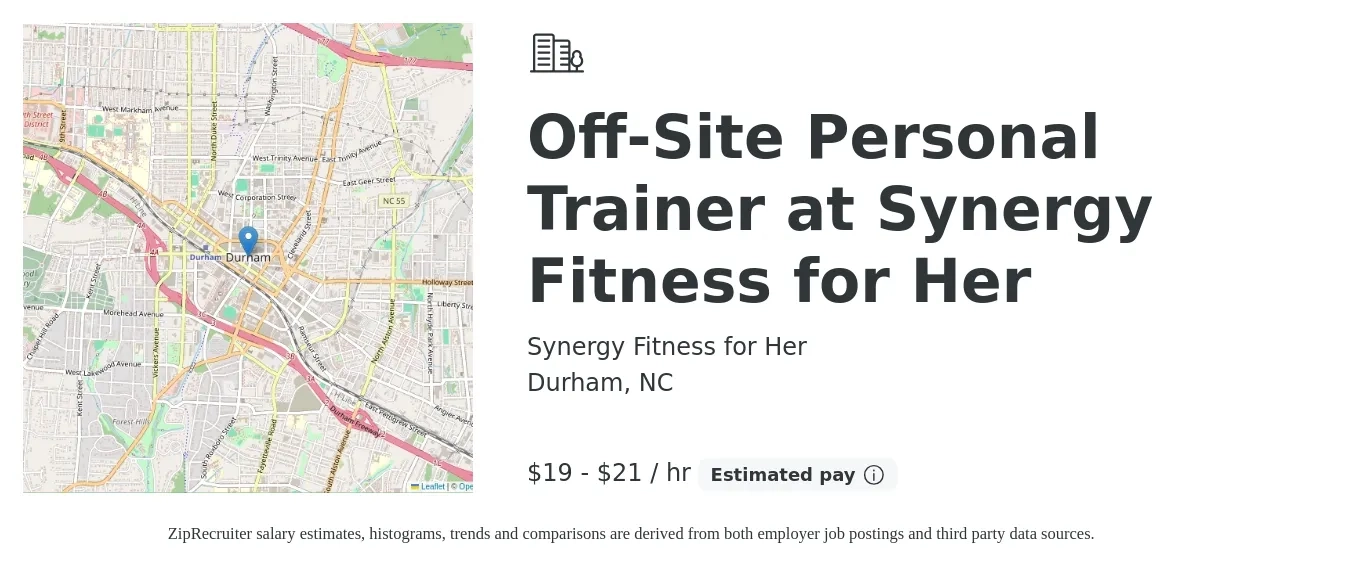 Synergy Fitness for Her job posting for a Off-Site Personal Trainer at Synergy Fitness for Her in Durham, NC with a salary of $20 to $22 Hourly with a map of Durham location.