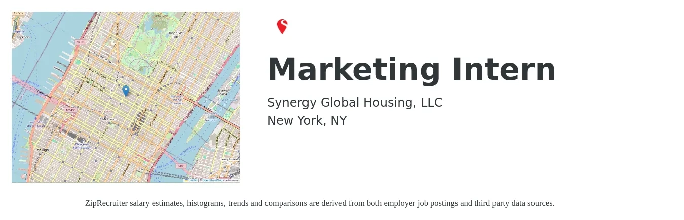 Synergy Global Housing, LLC job posting for a Marketing Intern in New York, NY with a salary of $16 to $22 Hourly with a map of New York location.