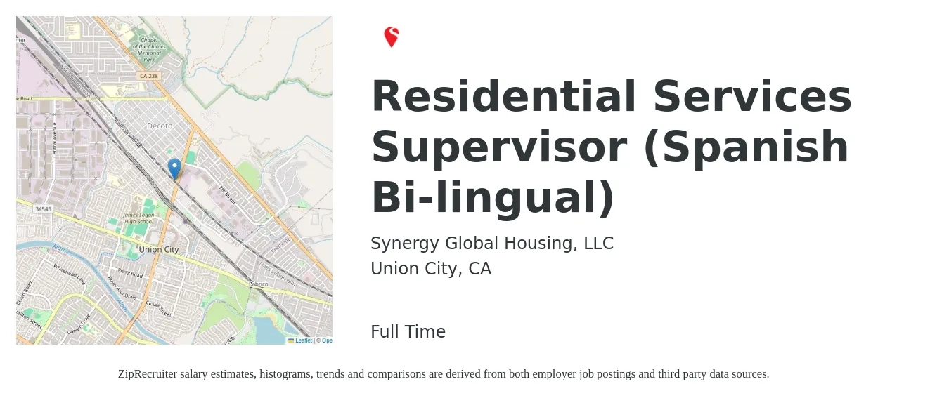 Synergy Global Housing, LLC job posting for a Residential Services Supervisor (Spanish Bi-lingual) in Union City, CA with a salary of $47,600 to $67,800 Yearly with a map of Union City location.