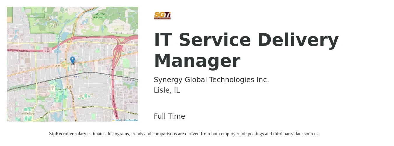 Synergy Global Technologies Inc. job posting for a IT Service Delivery Manager in Lisle, IL with a salary of $81,400 to $127,200 Yearly with a map of Lisle location.