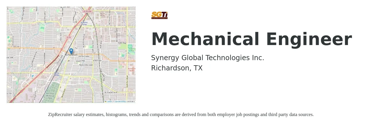 Synergy Global Technologies Inc. job posting for a Mechanical Engineer in Richardson, TX with a salary of $74,000 to $114,900 Yearly with a map of Richardson location.