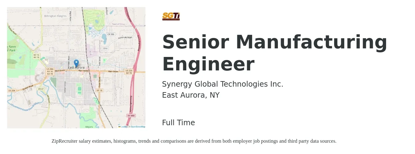 Synergy Global Technologies Inc. job posting for a Senior Manufacturing Engineer in East Aurora, NY with a salary of $83,300 to $114,000 Yearly with a map of East Aurora location.
