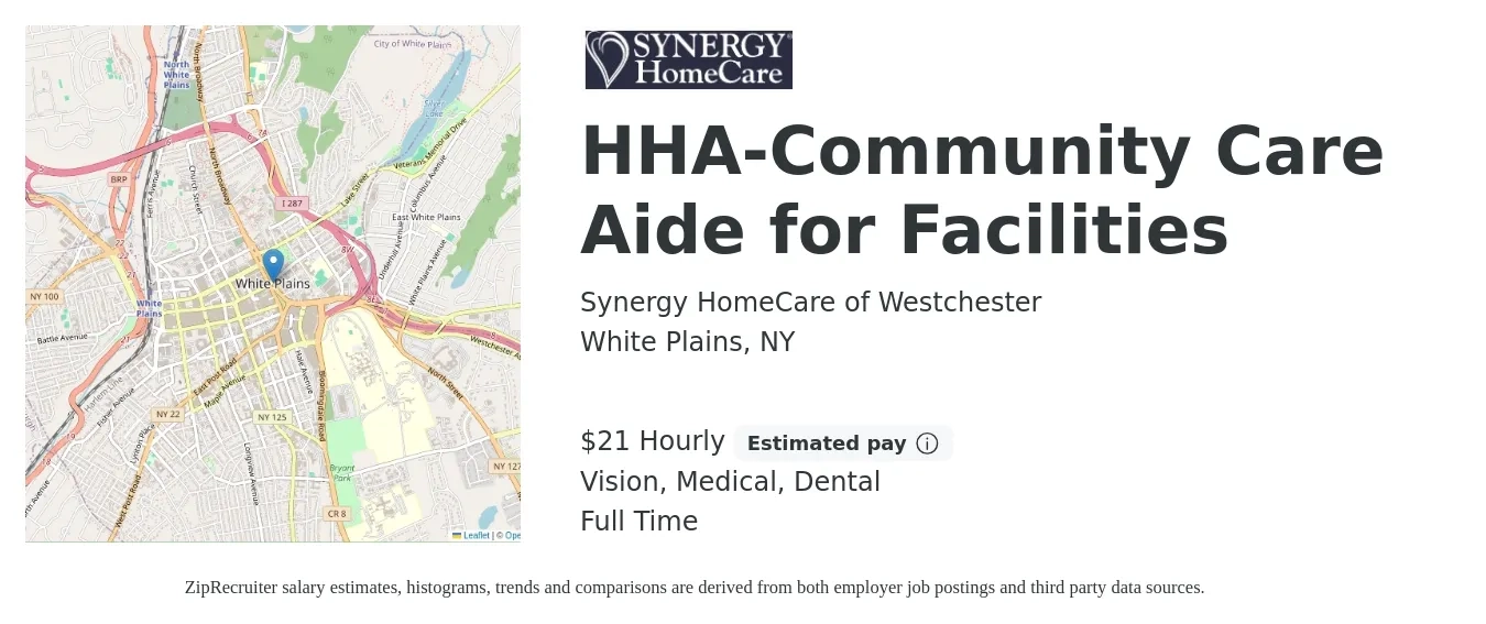 Synergy HomeCare of Westchester job posting for a HHA-Community Care Aide for Facilities in White Plains, NY with a salary of $22 Hourly and benefits including dental, medical, and vision with a map of White Plains location.