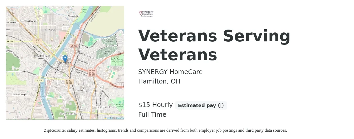 SYNERGY HomeCare job posting for a Veterans Serving Veterans in Hamilton, OH with a salary of $16 Hourly with a map of Hamilton location.