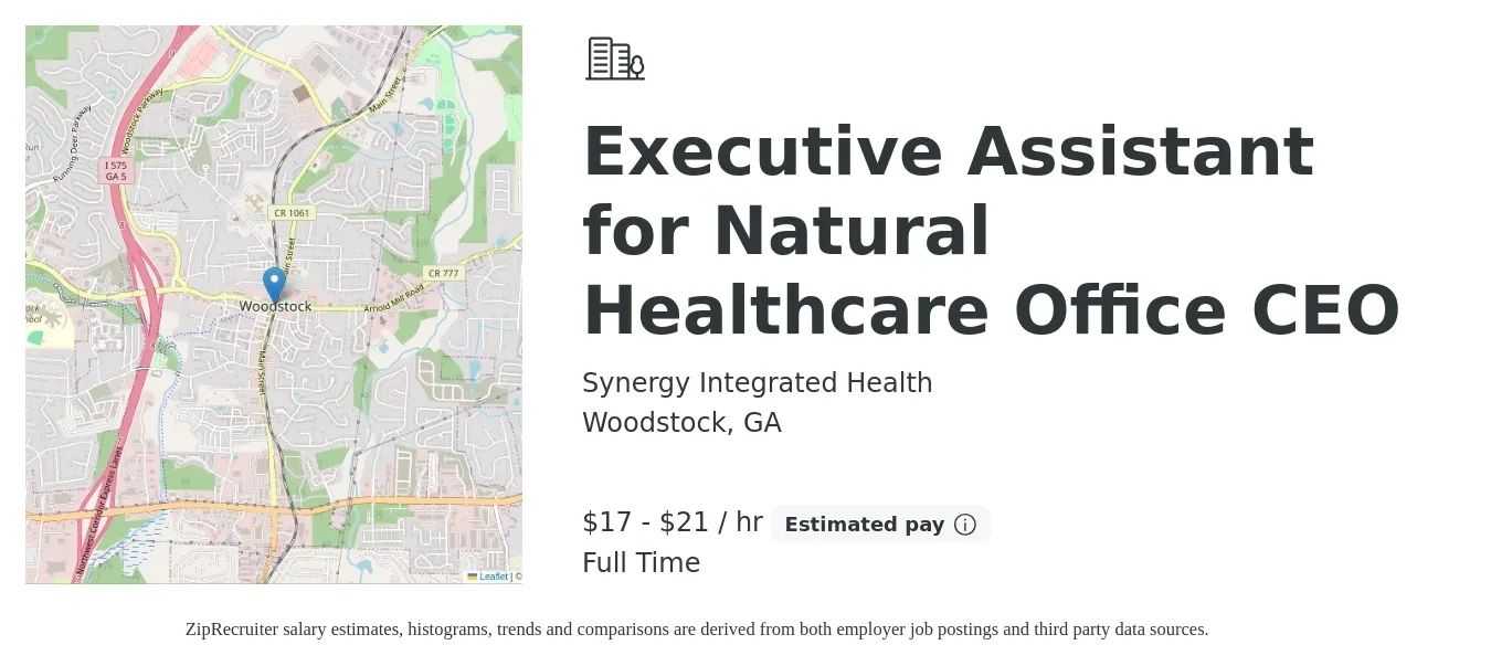Synergy Integrated Health job posting for a Executive Assistant for Natural Healthcare Office CEO in Woodstock, GA with a salary of $18 to $22 Hourly with a map of Woodstock location.
