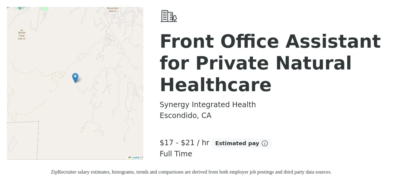 Synergy Integrated Health job posting for a Front Office Assistant for Private Natural Healthcare in Escondido, CA with a salary of $18 to $22 Hourly with a map of Escondido location.
