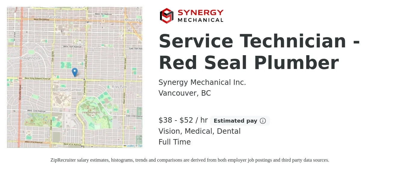 Synergy Mechanical Inc. job posting for a Service Technician - Red Seal Plumber in Vancouver, BC with a salary of $40 to $55 Hourly and benefits including pto, retirement, vision, dental, life_insurance, and medical with a map of Vancouver location.