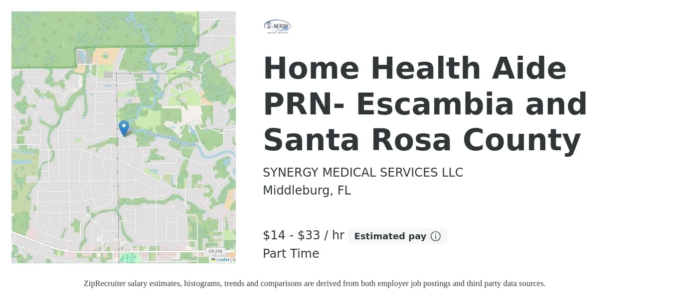 SYNERGY MEDICAL SERVICES LLC job posting for a Home Health Aide PRN- Escambia and Santa Rosa County in Middleburg, FL with a salary of $15 to $35 Hourly with a map of Middleburg location.