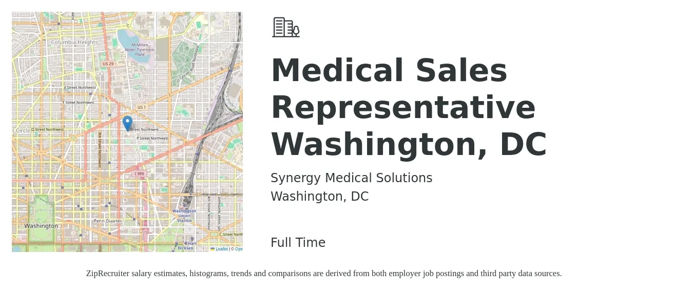 Synergy Medical Solutions job posting for a Medical Sales Representative Washington, DC in Washington, DC with a salary of $62,300 to $118,300 Yearly with a map of Washington location.