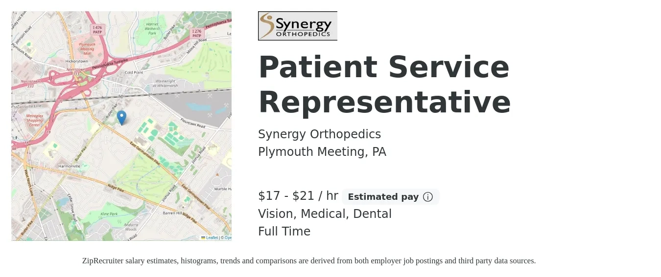 Synergy Orthopedics job posting for a Patient Service Representative in Plymouth Meeting, PA with a salary of $18 to $22 Hourly and benefits including vision, dental, life_insurance, medical, pto, and retirement with a map of Plymouth Meeting location.