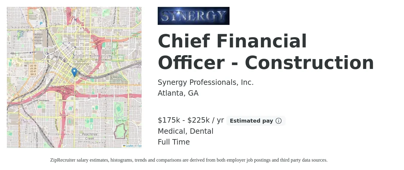 Synergy Professionals, Inc. job posting for a Chief Financial Officer - Construction in Atlanta, GA with a salary of $175,000 to $225,000 Yearly and benefits including pto, retirement, dental, life_insurance, and medical with a map of Atlanta location.