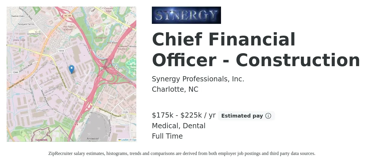 Synergy Professionals, Inc. job posting for a Chief Financial Officer - Construction in Charlotte, NC with a salary of $175,000 to $225,000 Yearly and benefits including pto, retirement, dental, life_insurance, and medical with a map of Charlotte location.