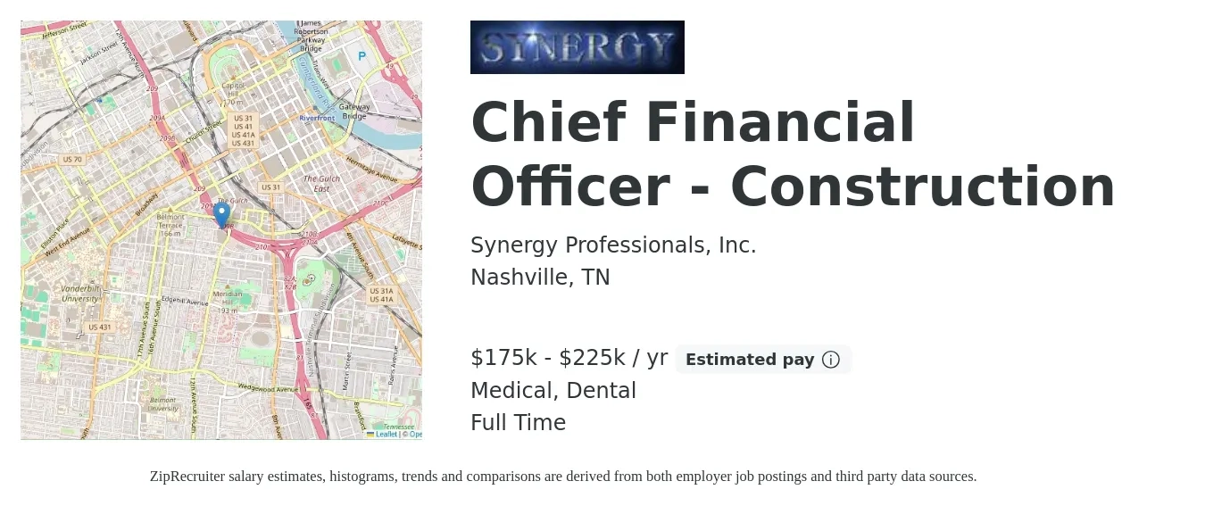 Synergy Professionals, Inc. job posting for a Chief Financial Officer - Construction in Nashville, TN with a salary of $175,000 to $225,000 Yearly and benefits including dental, life_insurance, medical, pto, and retirement with a map of Nashville location.