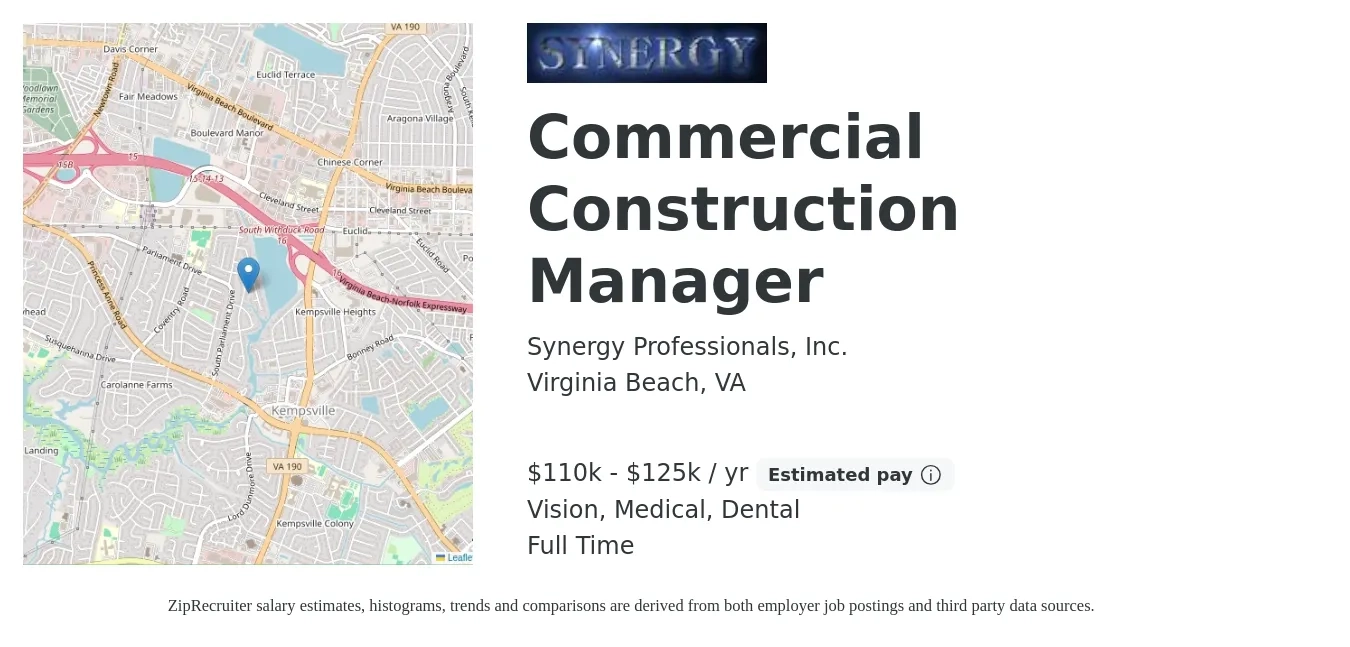Synergy Professionals, Inc. job posting for a Commercial Construction Manager in Virginia Beach, VA with a salary of $110,000 to $125,000 Yearly and benefits including dental, life_insurance, medical, pto, retirement, and vision with a map of Virginia Beach location.