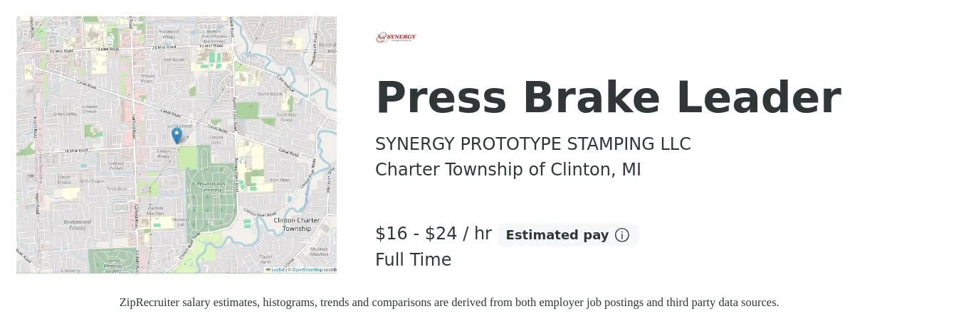 SYNERGY PROTOTYPE STAMPING LLC job posting for a Press Brake Leader in Charter Township of Clinton, MI with a salary of $17 to $25 Hourly with a map of Charter Township of Clinton location.