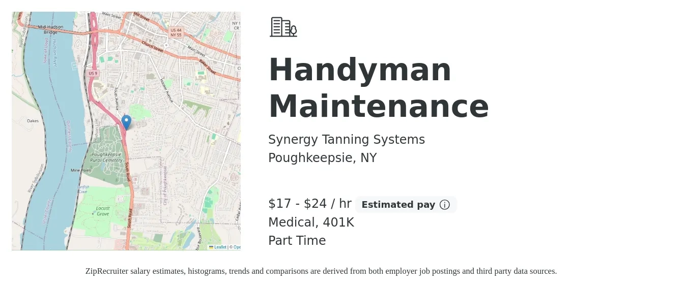 Synergy Tanning Systems job posting for a Handyman Maintenance in Poughkeepsie, NY with a salary of $18 to $25 Hourly (plus commission) and benefits including 401k, and medical with a map of Poughkeepsie location.