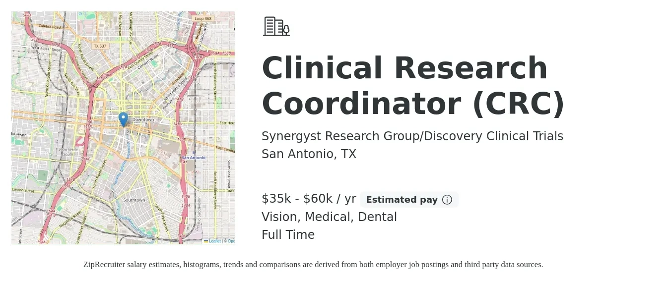 Synergyst Research Group/Discovery Clinical Trials job posting for a Clinical Research Coordinator (CRC) in San Antonio, TX with a salary of $35,000 to $60,000 Yearly and benefits including retirement, vision, dental, life_insurance, and medical with a map of San Antonio location.