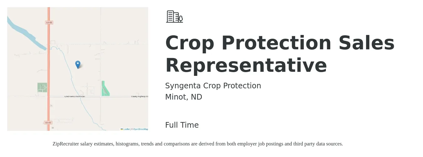 Syngenta Crop Protection job posting for a Crop Protection Sales Representative in Minot, ND with a salary of $53,000 to $92,200 Yearly with a map of Minot location.