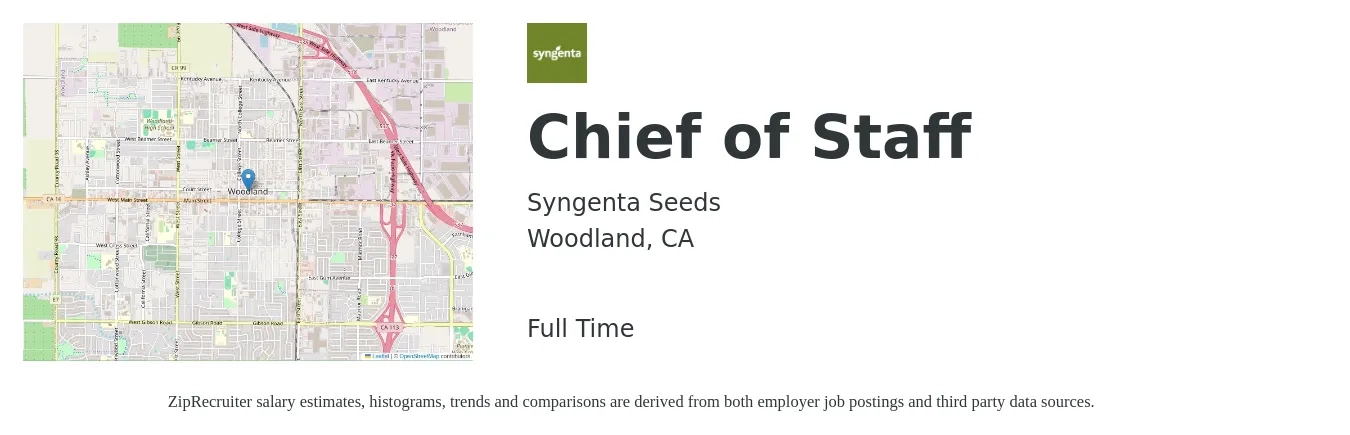 Syngenta Seeds job posting for a Chief of Staff in Woodland, CA with a salary of $106,700 to $167,500 Yearly with a map of Woodland location.