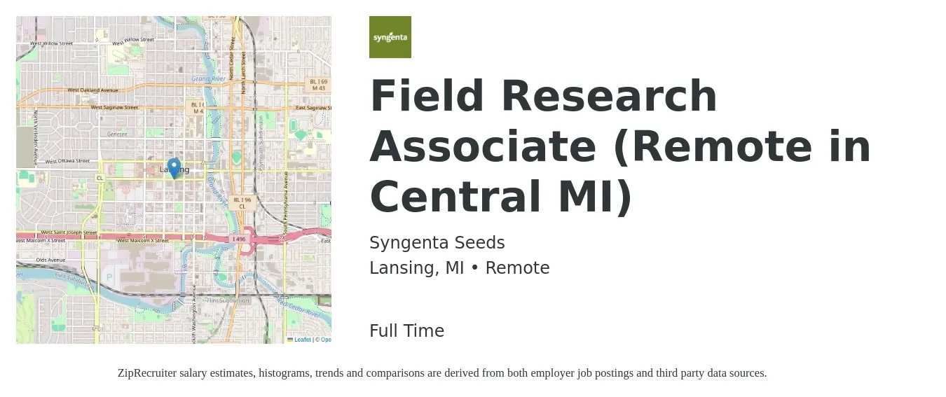 Syngenta Seeds job posting for a Field Research Associate (Remote in Central MI) in Lansing, MI with a salary of $19 to $28 Hourly with a map of Lansing location.