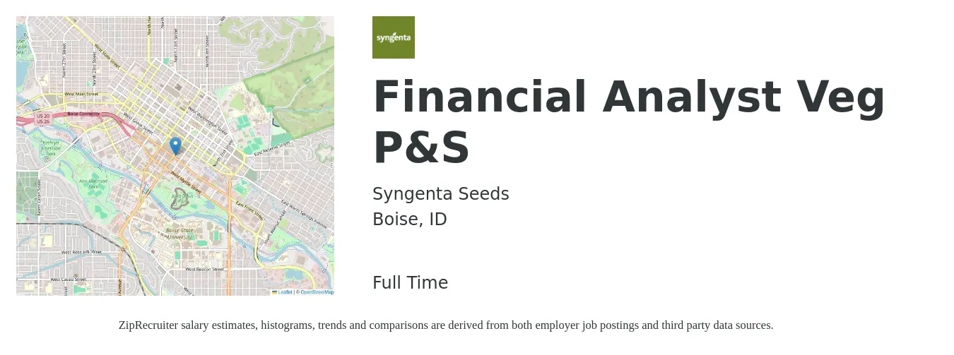 Syngenta Seeds job posting for a Financial Analyst Veg P&S in Boise, ID with a salary of $66,600 to $105,200 Yearly with a map of Boise location.