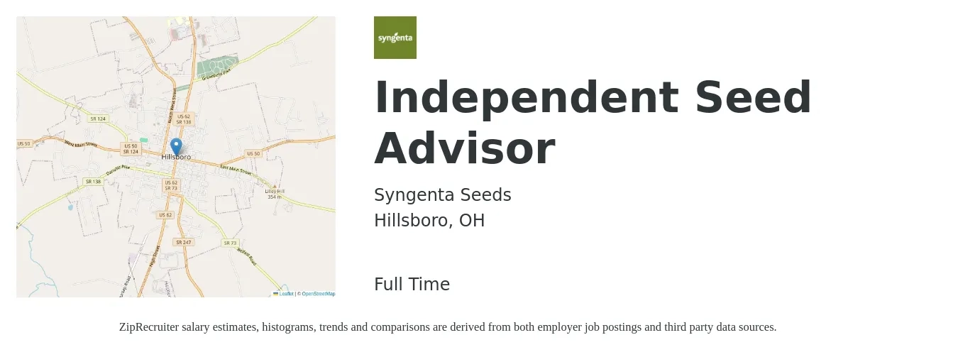 Syngenta Seeds job posting for a Independent Seed Advisor in Hillsboro, OH with a map of Hillsboro location.