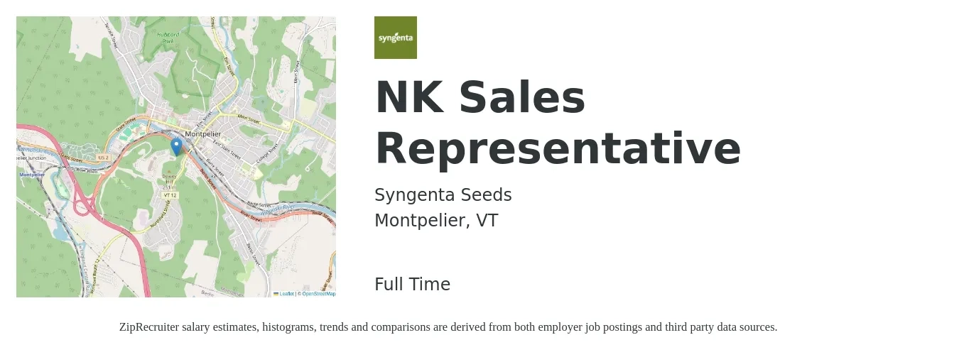 Syngenta Seeds job posting for a NK Sales Representative in Montpelier, VT with a salary of $18 to $28 Hourly with a map of Montpelier location.