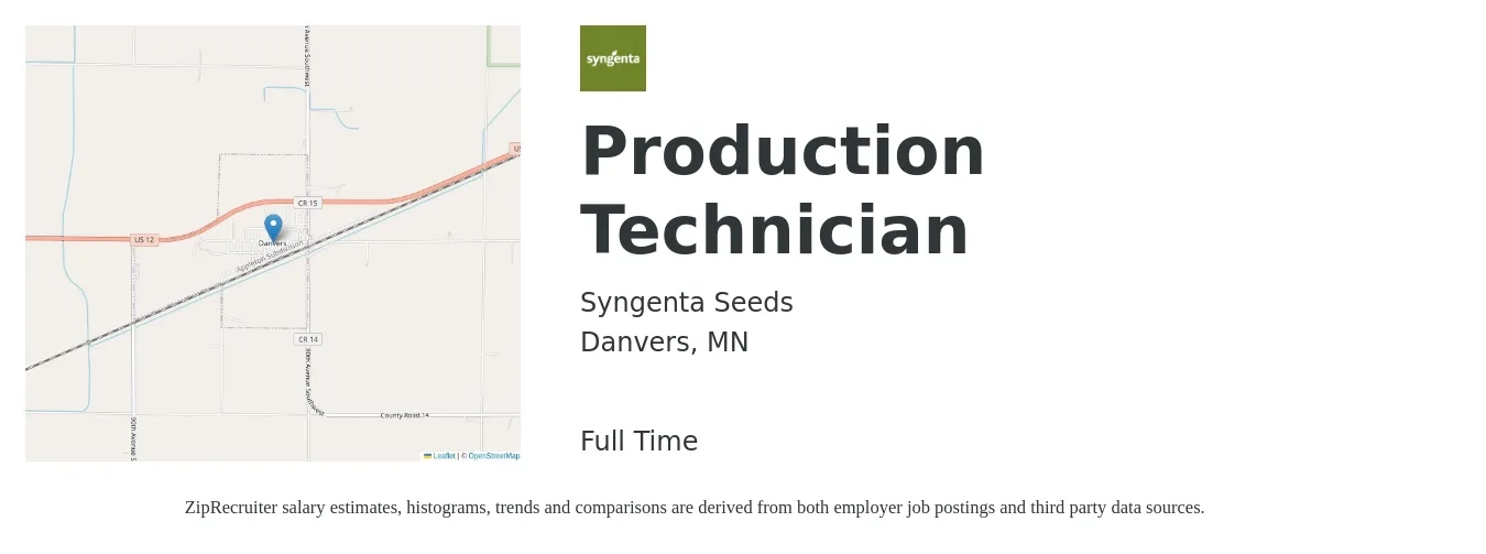 Syngenta Seeds job posting for a Production Technician in Danvers, MN with a salary of $16 to $20 Hourly with a map of Danvers location.
